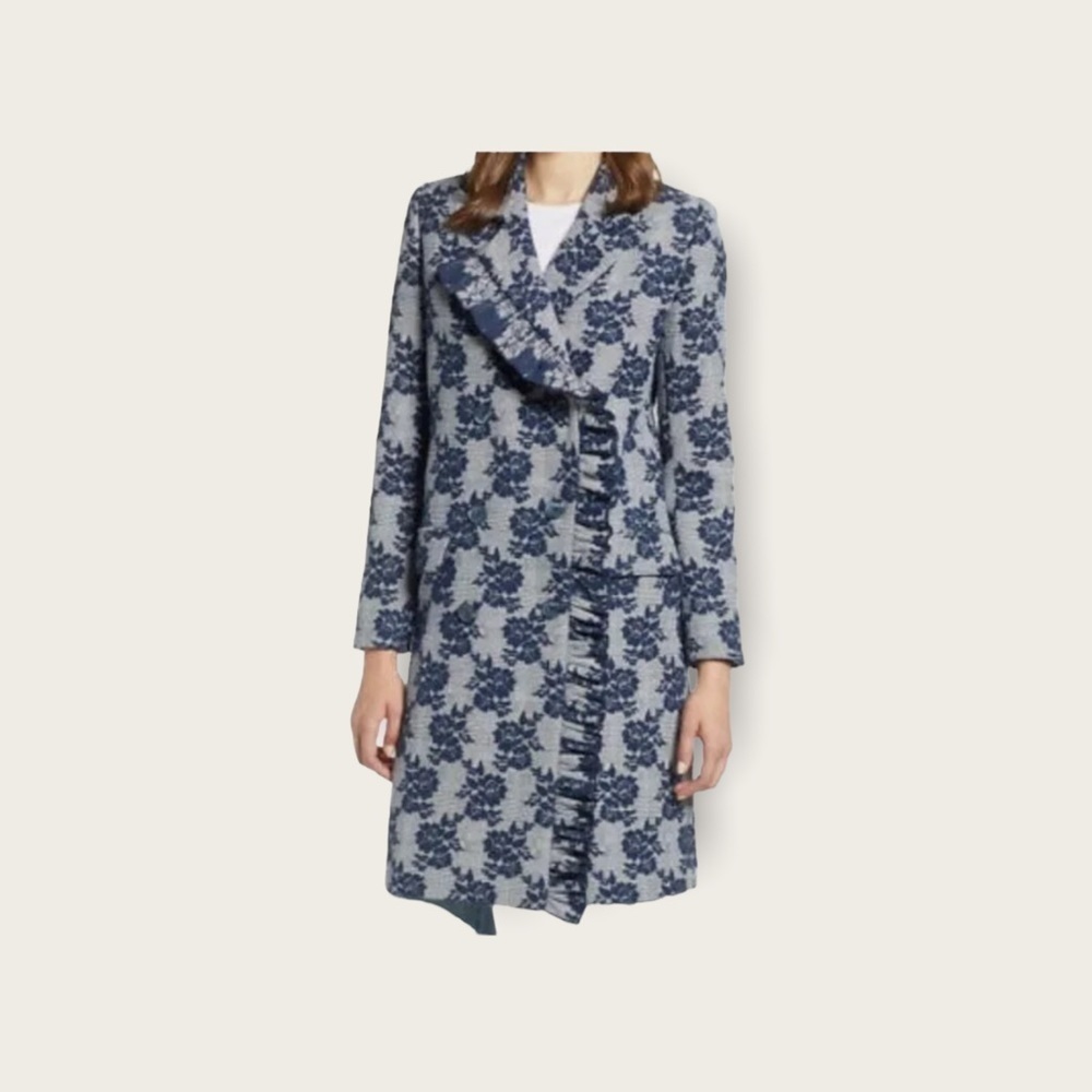 HALOLGEN Plaid Ruffle Blue Floral Long Coat/Jacket